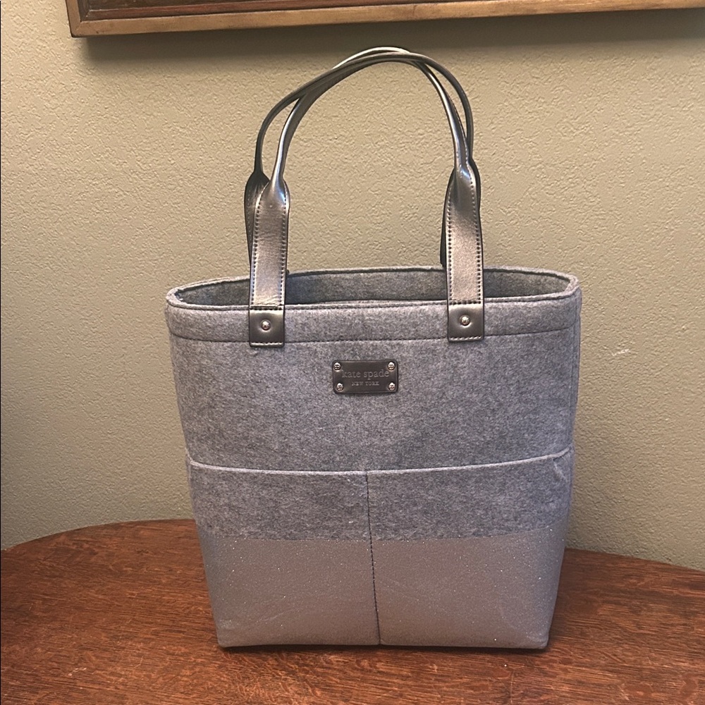 Kate Spade ♠️ Quinn Tote Bag in Frosted Gray Wool and Silver Glitter Leather